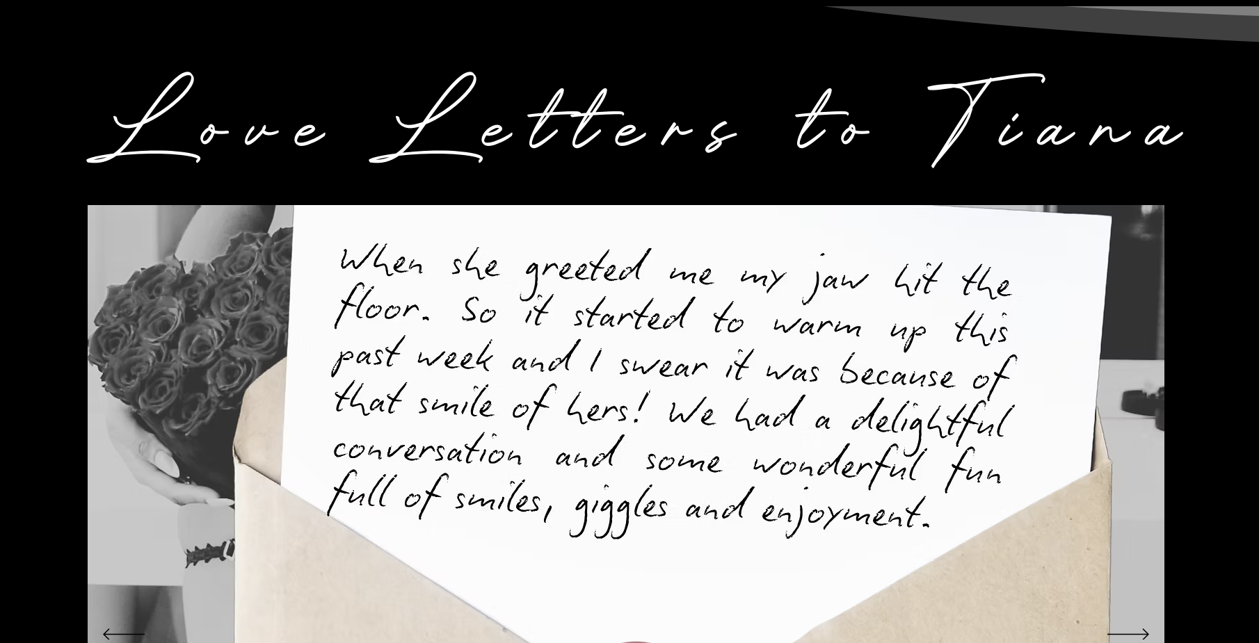 A handwritten love letter describing a delightful experience with Tiana Starr